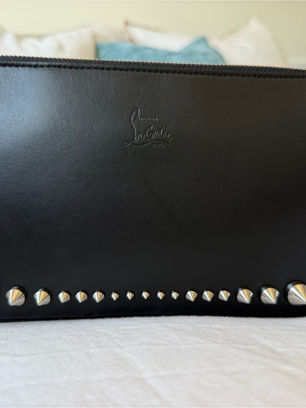 Christian Louboutin Black Leather Studded Zip Clutch Brand New